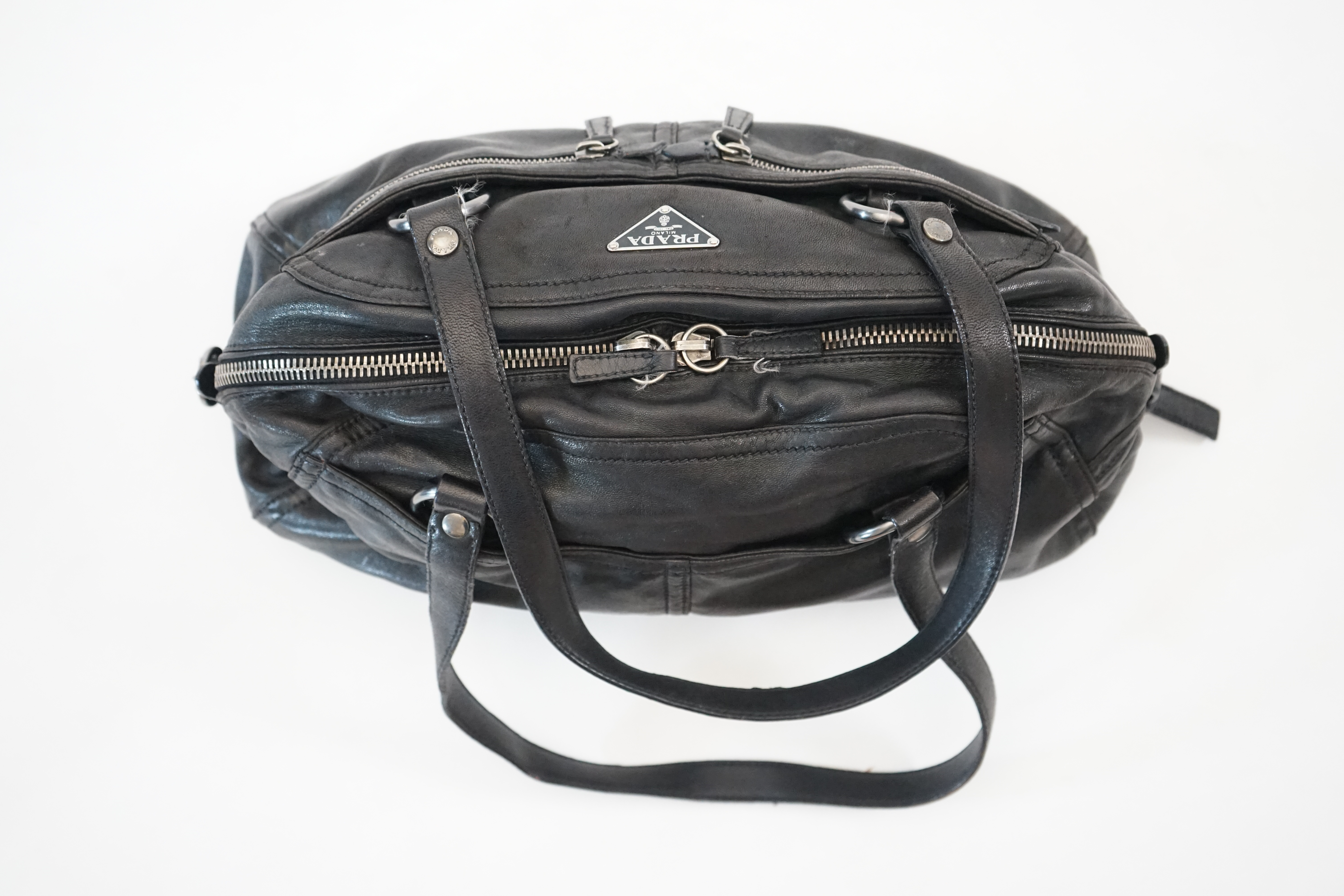 A Prada Cargo black leather handbag, width 38cm, depth 12cm, height approx 22cm
